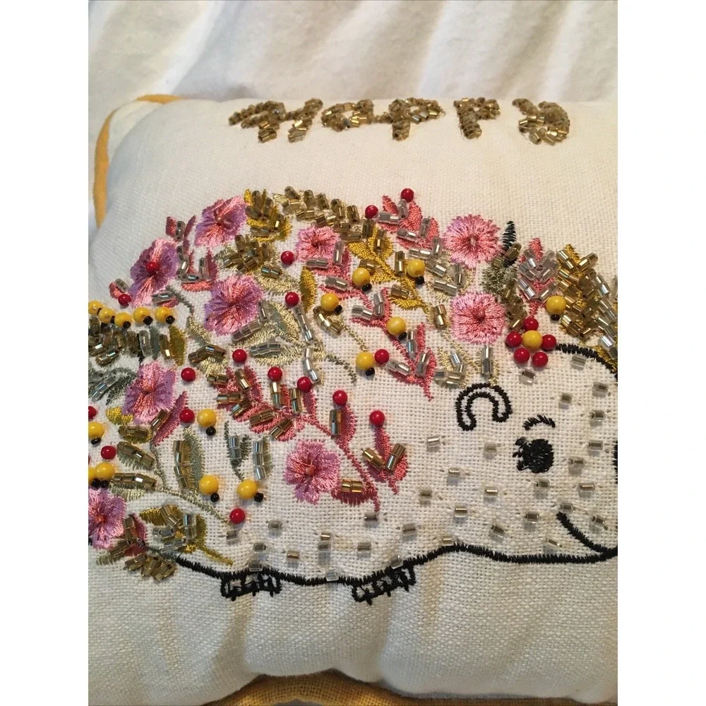 Happy Spring Beaded Floral Pillow Throw Decorative Garden Hedge Hogs
